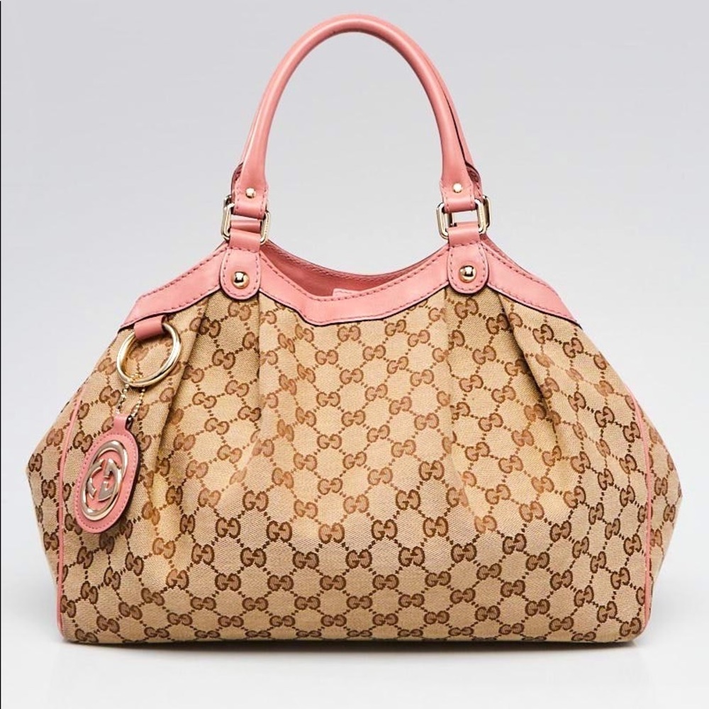 Authentic GUCCI Beige/Pink GG Canvas Medium Sukey Tote Bag